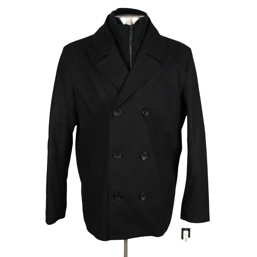 $250 Kenneth Cole Pea Coat with Bib Mens L Black Wool 440NB304 Regular Fit
